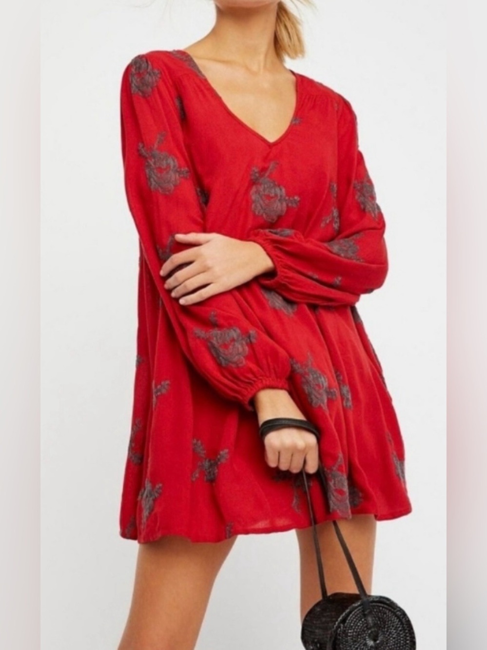 Free People Red Floral V-Neck Cut Out Back Long Sleeve Mini Dress - Size XS